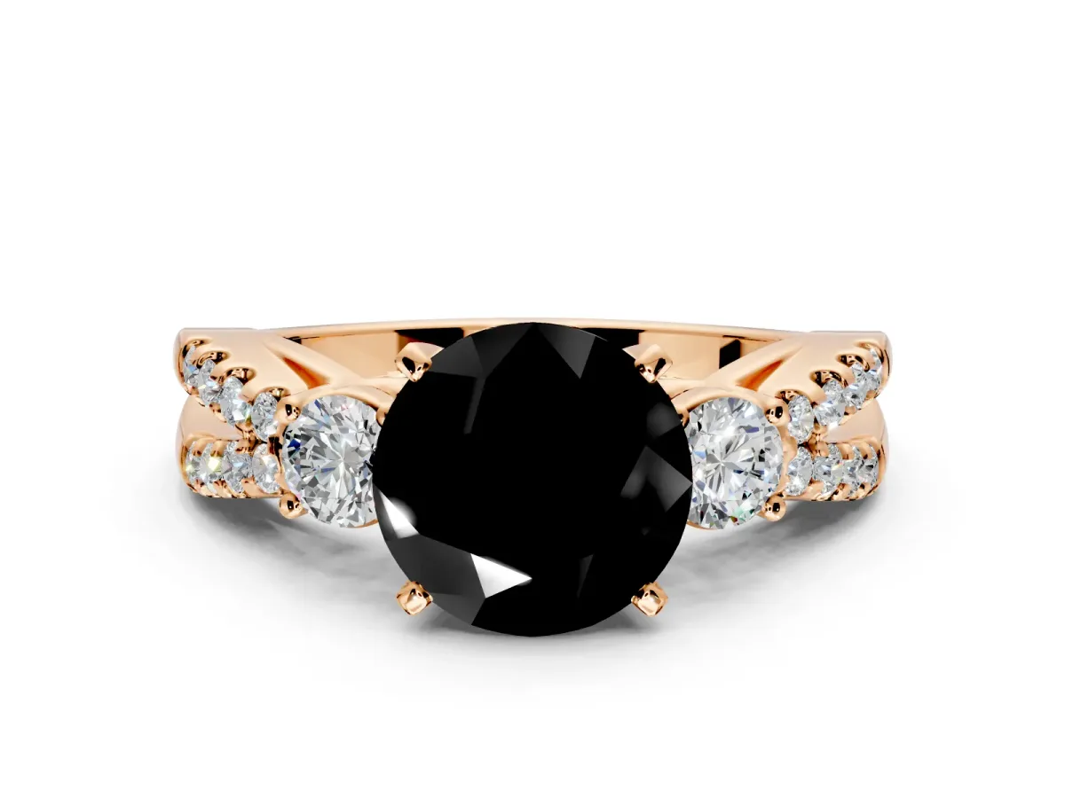 3 Stone Engagement Ring Setting for Fancy Black Round Cut Center with Pave Split Shank and Prong Head in Rose Gold