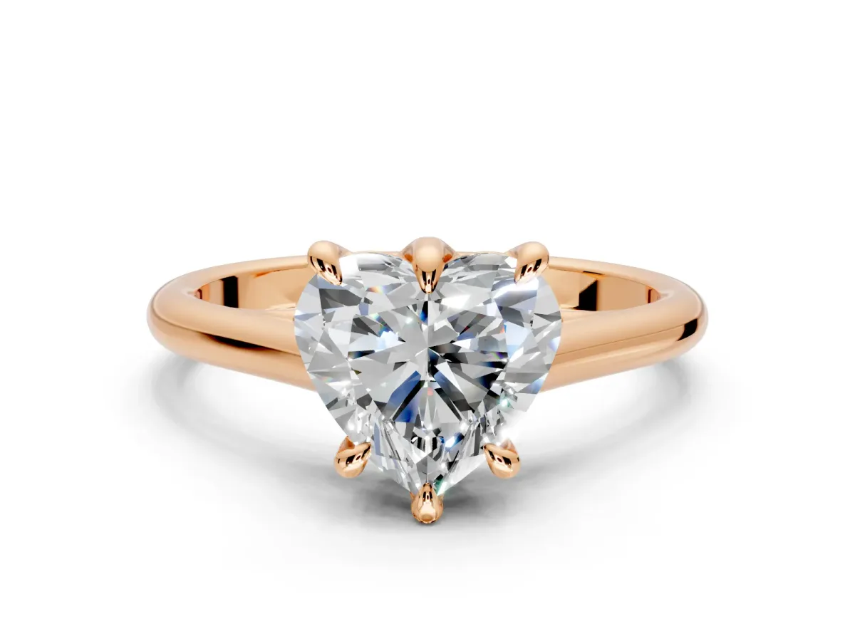 Solitaire Engagement Ring Setting for Heart-Shaped Center with Cathedral Band and Prong Head in Rose Gold