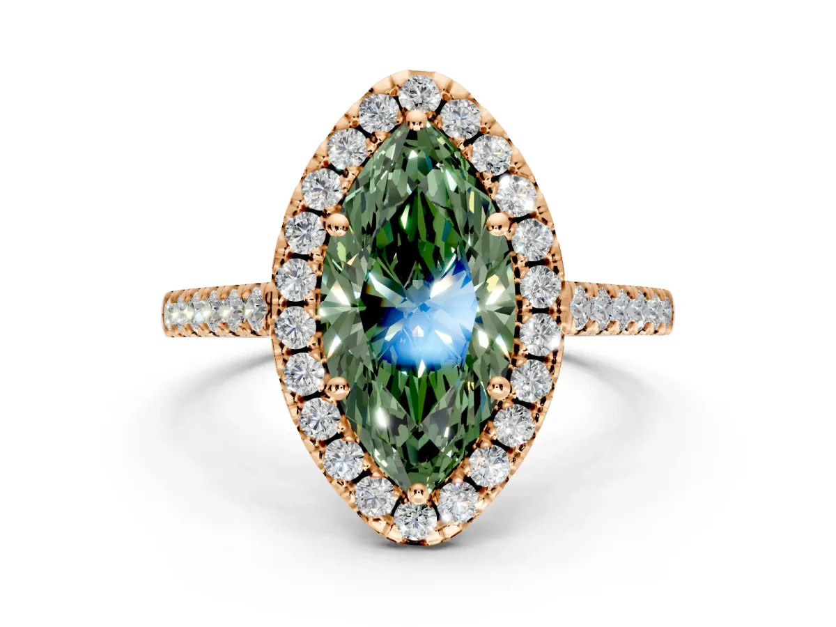 Halo Engagement Ring Setting for Fancy Green Marquise Center with Raised Halo, Pave Band and Prong Head in Rose Gold