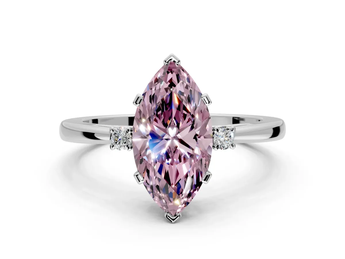 3 Stone Engagement Ring Setting for Fancy Pink Marquise Center with Low-Set Round Cut Accents and Prong Head in Platinum