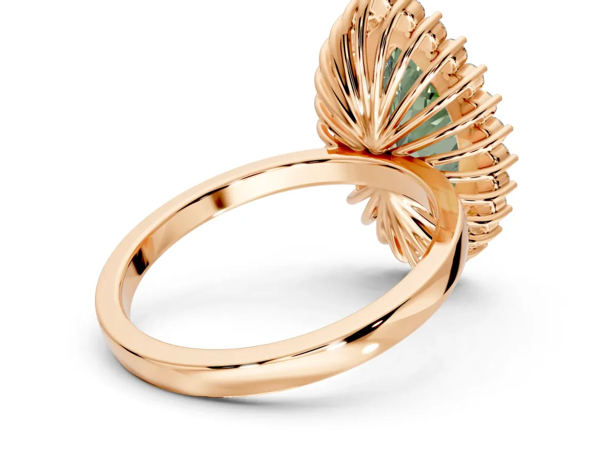 Halo Engagement Ring Setting for Fancy Green Marquise Center with Milgrain Bezel Rim, Plain Band and Prong Head in Rose Gold