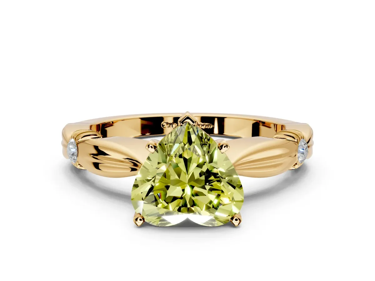 Solitaire Engagement Ring Setting for Fancy Yellow Heart-Shaped Center with Carved Leaf Shoulders and Prong Head in Yellow Gold