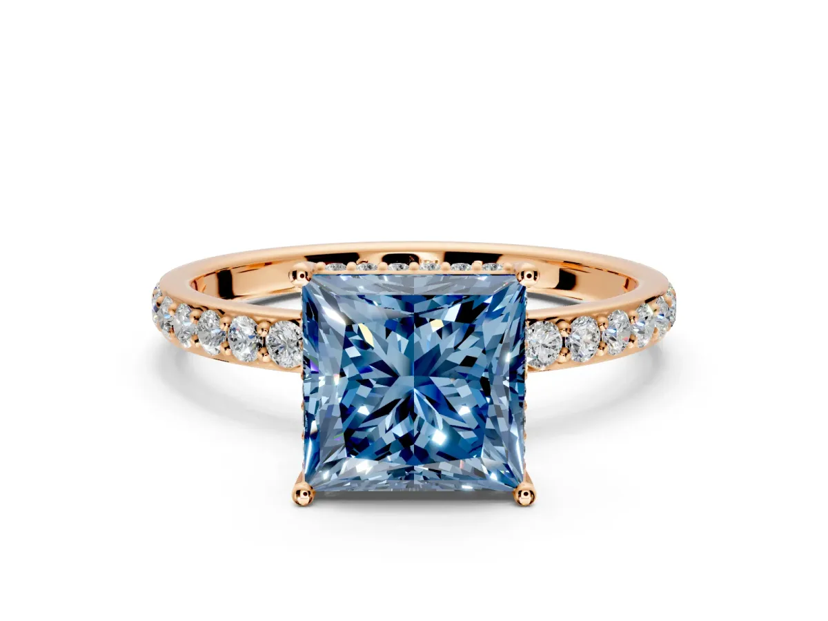 Hidden Halo Engagement Ring Setting for Fancy Blue Princess Cut Center with Pave Band and Prong Head in Rose Gold