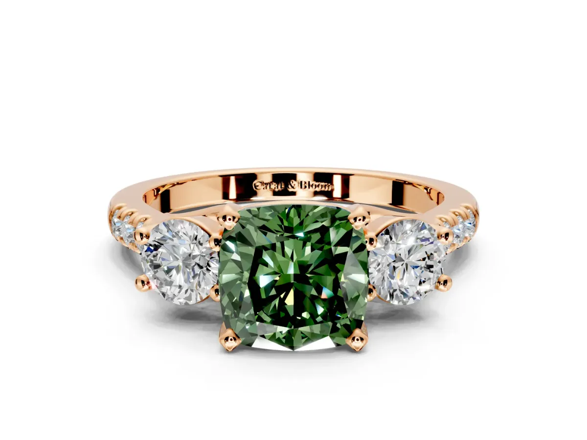 3 Stone Engagement Ring Setting for Fancy Green Cushion Cut Center with Crossover Basket, Pave Band and Prong Head in Rose Gold