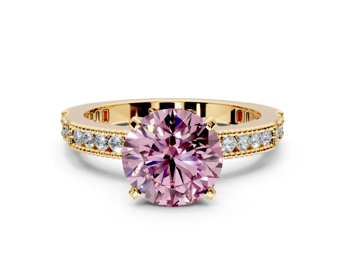 Solitaire Engagement Ring Setting for Fancy Pink Round Cut Center with Milgrain-Edged Pave Band and Prong Head in Yellow Gold