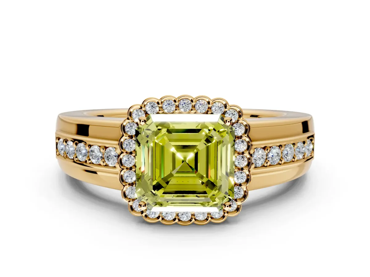 Halo Engagement Ring Setting for Fancy Yellow Asscher Cut Center with Wide Band, Inlaid Accent Row and Prong Head in Yellow Gold