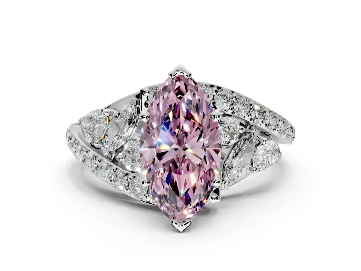 Halo Engagement Ring Setting for Fancy Pink Marquise Center with Marquise and Pave Bypass Band and Prong Head in Platinum