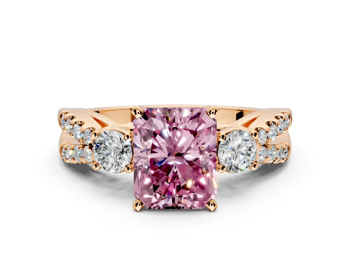 3 Stone Engagement Ring Setting for Fancy Pink Radiant Cut Center with Pave Split Shank and Prong Head in Rose Gold