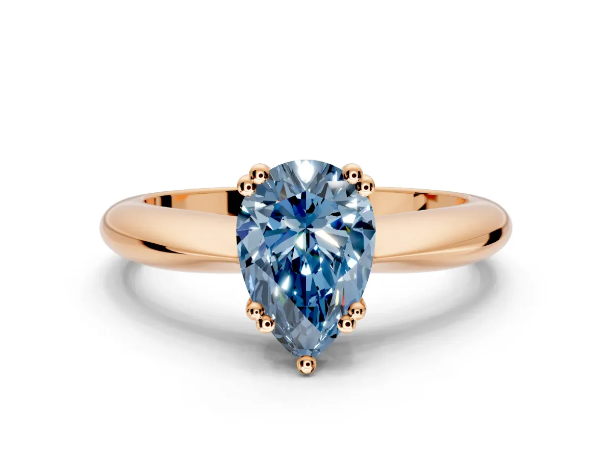 Solitaire Engagement Ring Setting for Fancy Blue Pear-Shaped Center with Reverse Tapered Band and Prong Head in Rose Gold