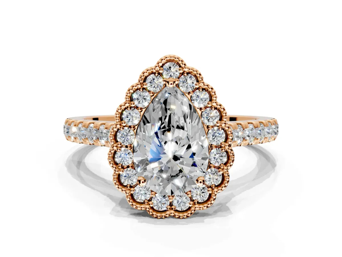 Milgrain Floral Halo Engagement Ring Setting for Pear-Shaped Center with Pave Band and Prong Head in Rose Gold