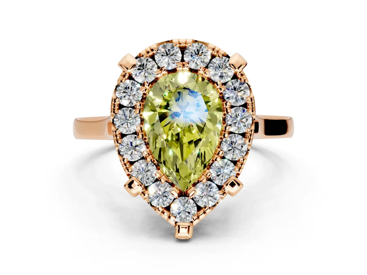 Single Halo Engagement Ring Setting for Fancy Yellow Pear-Shaped Center with Corner Claws, Plain Band and Prong Head in Rose Gold