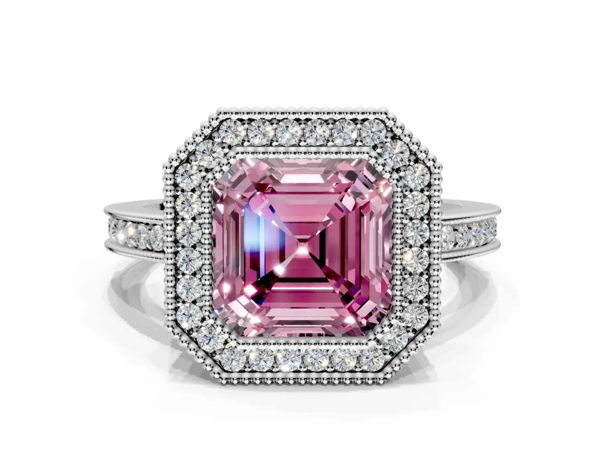 Halo Engagement Ring Setting for Fancy Pink Asscher Cut Center with Milgrain Halo, Pave Band and Prong Head in Sterling Silver