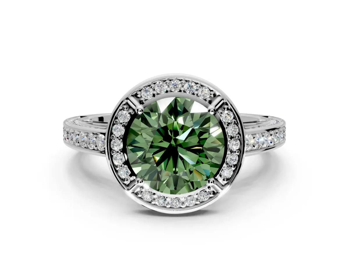 Halo Engagement Ring Setting for Fancy Green Round Cut Center with Framed Halo, Pave Band and Prong Head in White Gold