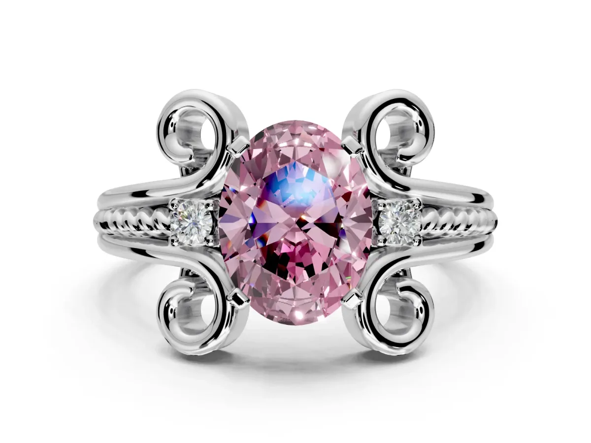 Solitaire Engagement Ring Setting for Fancy Pink Oval Center with Twisted Band and Scroll Prong Head in Platinum