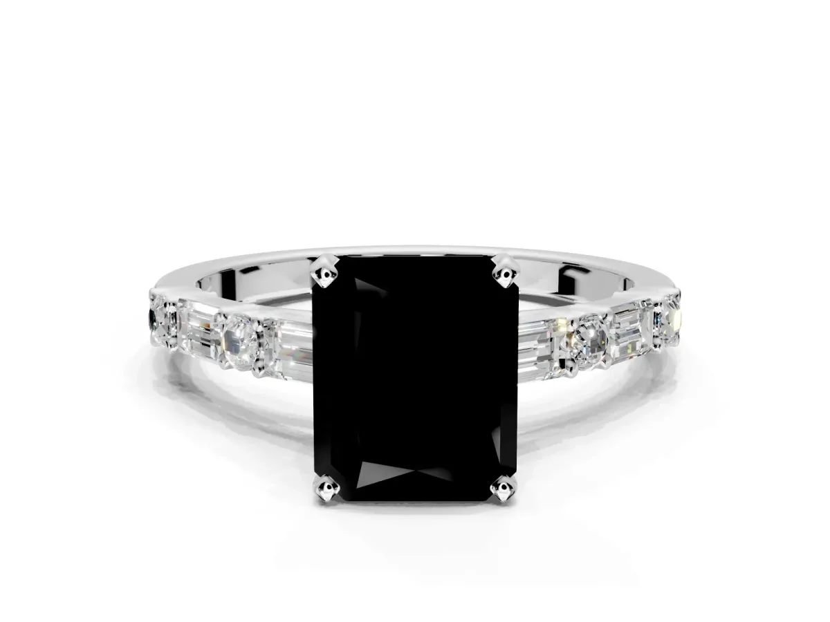 Baguette Engagement Ring Setting for Fancy Black Radiant Cut Center with Alternating Bar-Set Band and Prong Head in Sterling Silver