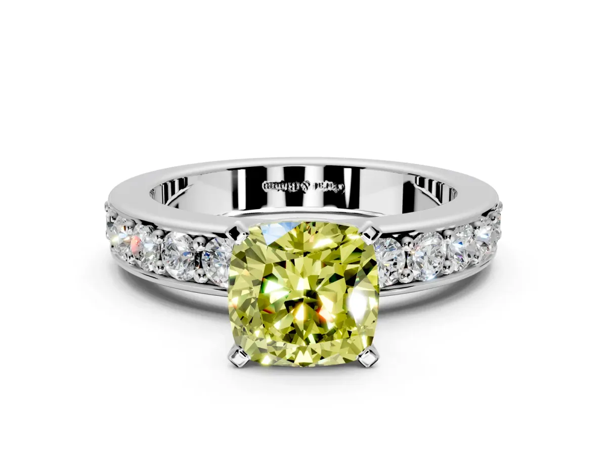 Solitaire Engagement Ring Setting for Fancy Yellow Cushion Cut Center with Channel-Set Accents and Prong Head in White Gold