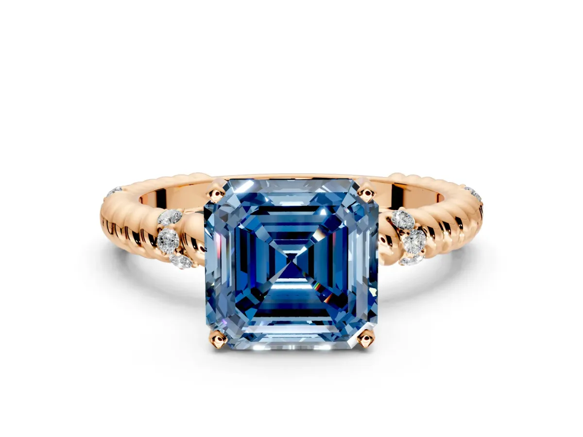 Rope Engagement Ring Setting for Fancy Blue Asscher Cut Center with Accent Shoulders and Prong Head in Rose Gold