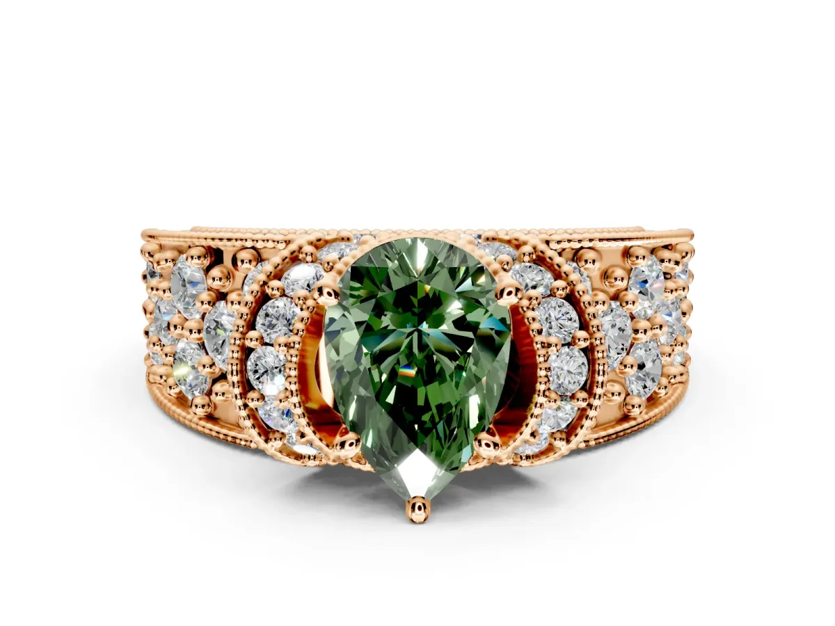 Pave Engagement Ring Setting for Fancy Green Pear-Shaped Center with Curved Accent Rows, Openwork and Prong Head in Rose Gold