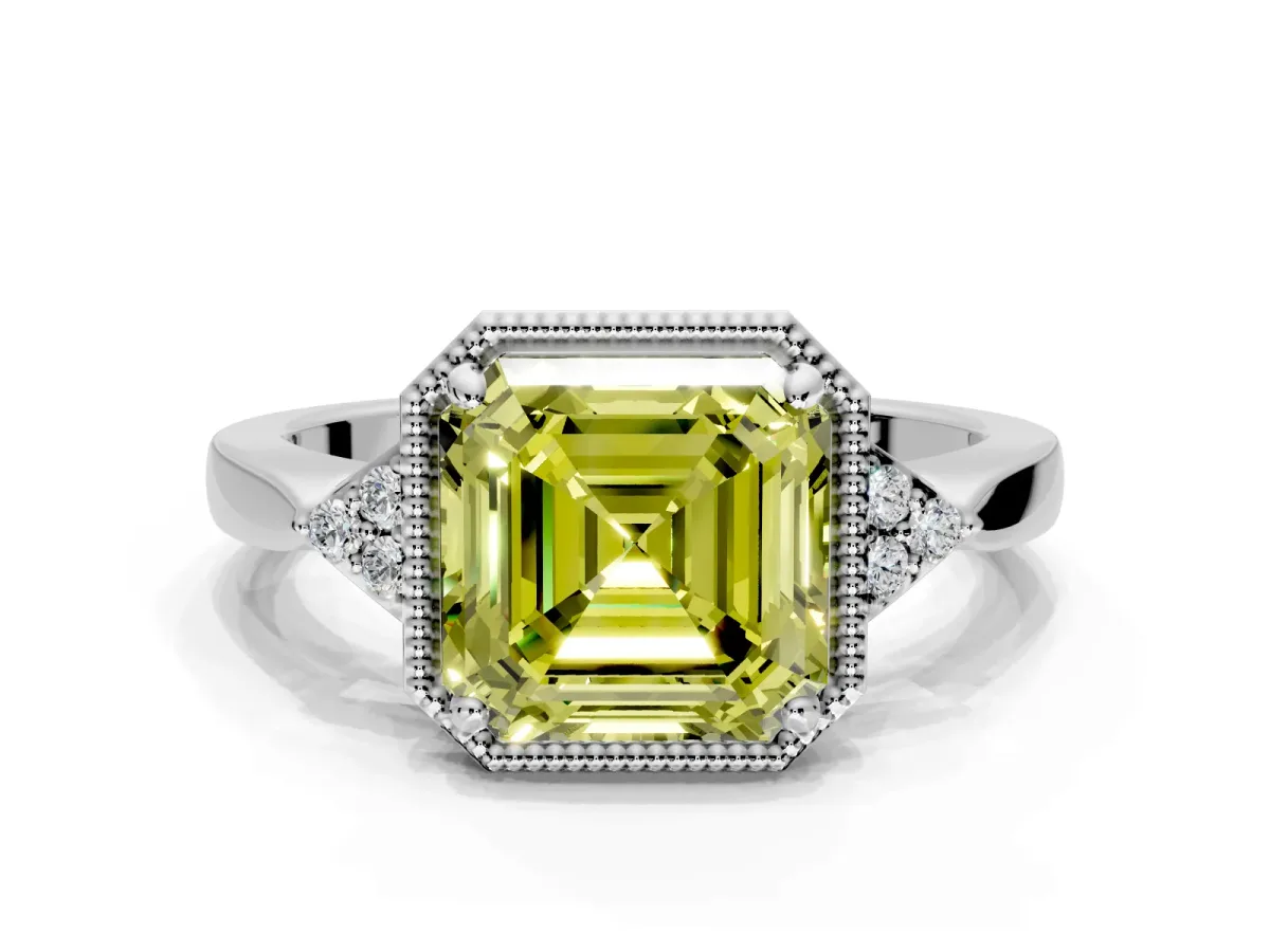 Cluster Engagement Ring Setting for Fancy Yellow Asscher Cut Center with Milgrain Shoulder Clusters and Prong Head in White Gold
