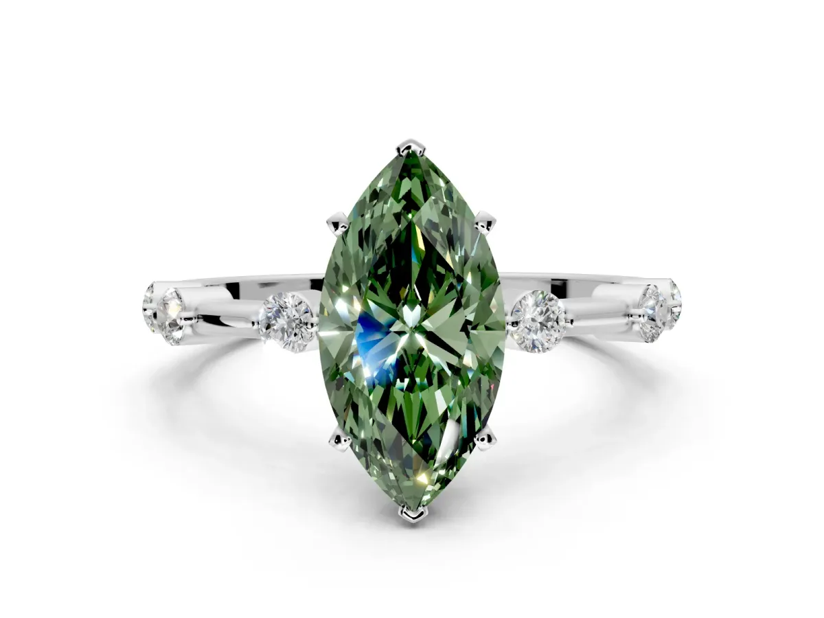 Solitaire Engagement Ring Setting for Fancy Green Marquise Center with Bezel Station Band and Prong Head in White Gold