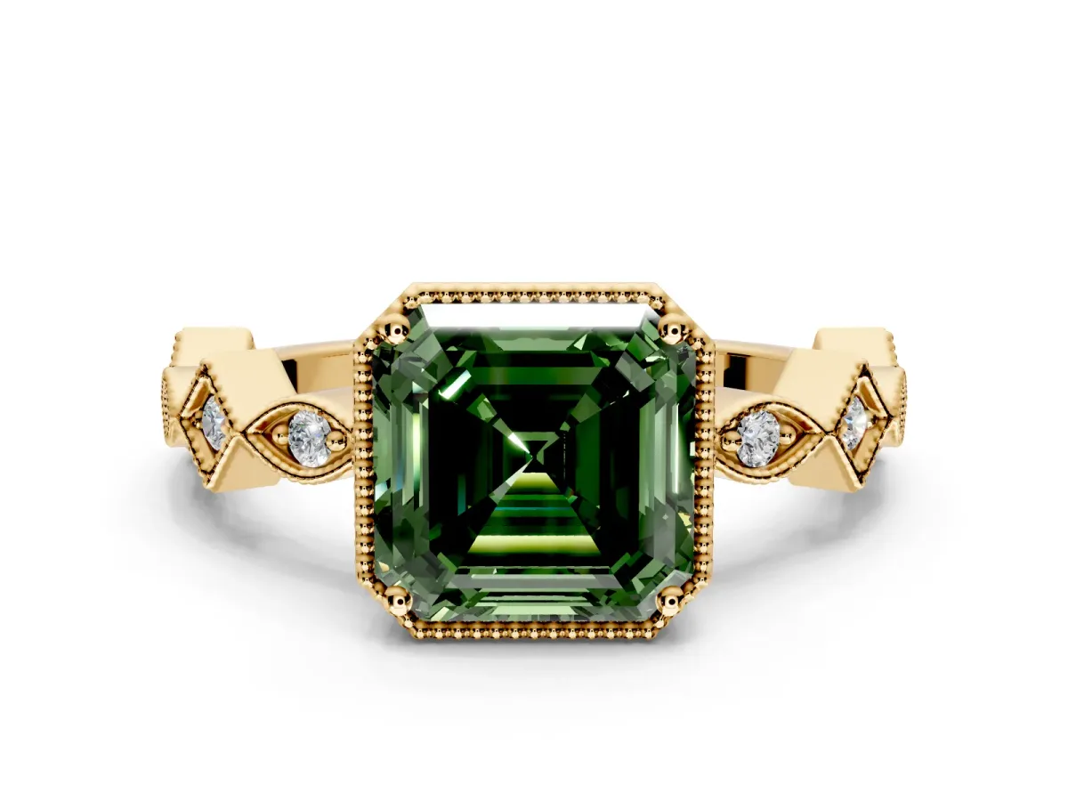 Milgrain Bezel Engagement Ring Setting for Fancy Green Asscher Cut Center with Marquise Stations and Bezel Head in Yellow Gold
