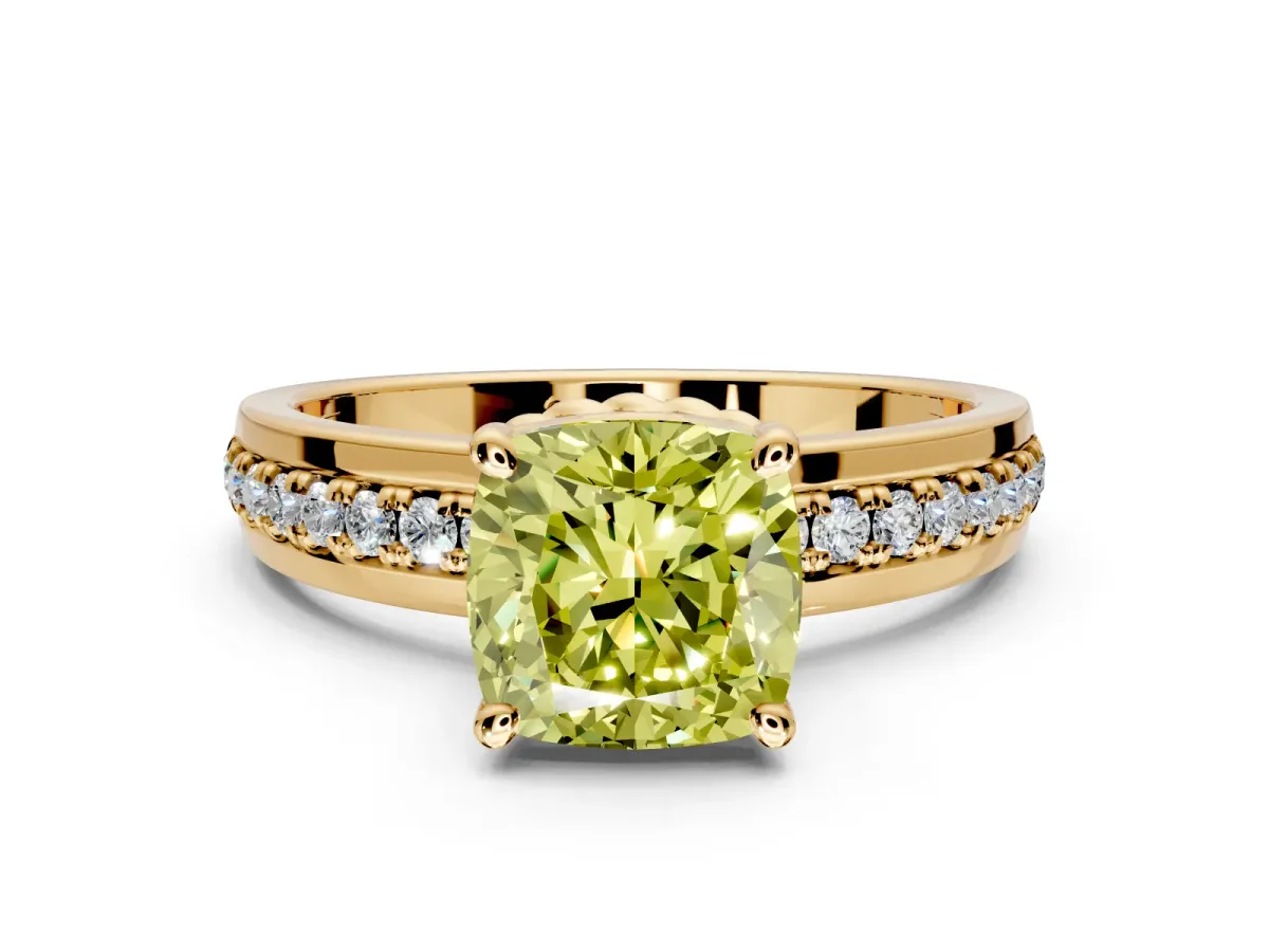 Solitaire Engagement Ring Setting for Fancy Yellow Cushion Cut Center with Raised Channel Band and Prong Head in Yellow Gold