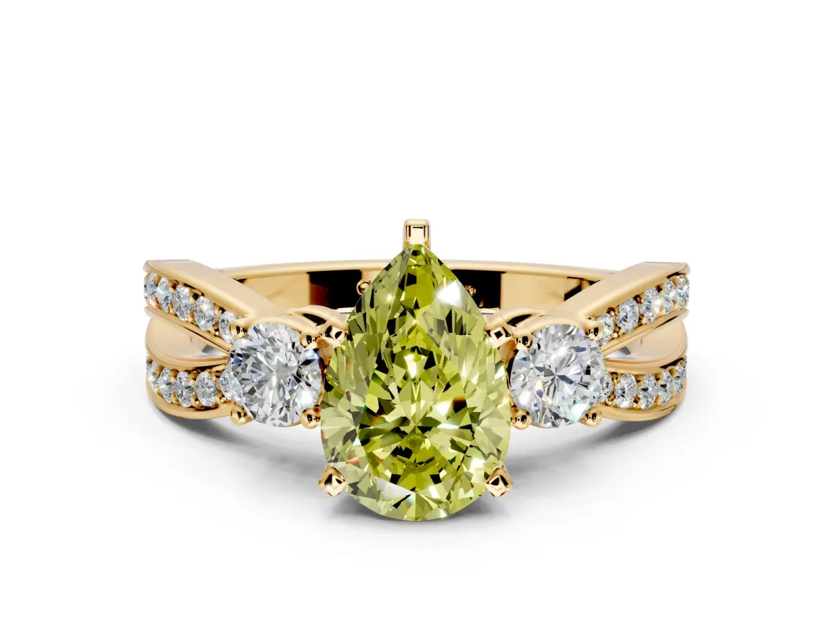 3 Stone Engagement Ring Setting for Fancy Yellow Pear-Shaped Center with Pave Twist Band and Prong Head in Yellow Gold
