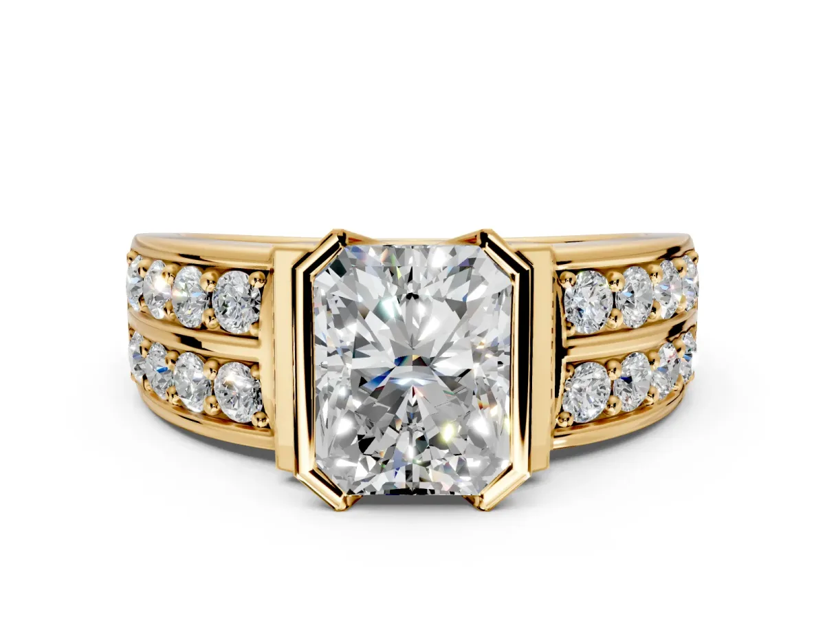 Bezel Engagement Ring Setting for Radiant Cut Center with Wide Channel-Set Band and Bezel Head in Yellow Gold