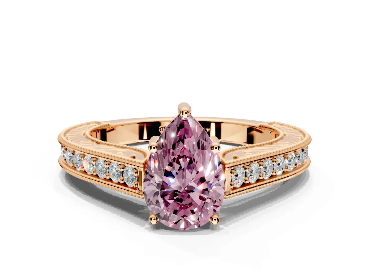 Solitaire Engagement Ring Setting for Fancy Pink Pear-Shaped Center with Engraved Pave Band and Prong Head in Rose Gold