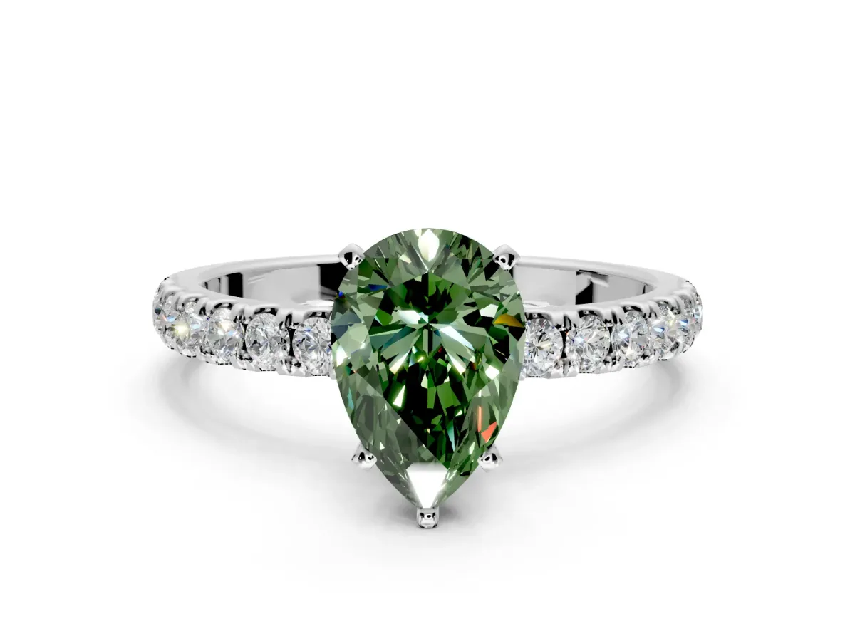 Open Basket Engagement Ring Setting for Fancy Green Pear-Shaped Center with Pave Band and Prong Head in Platinum