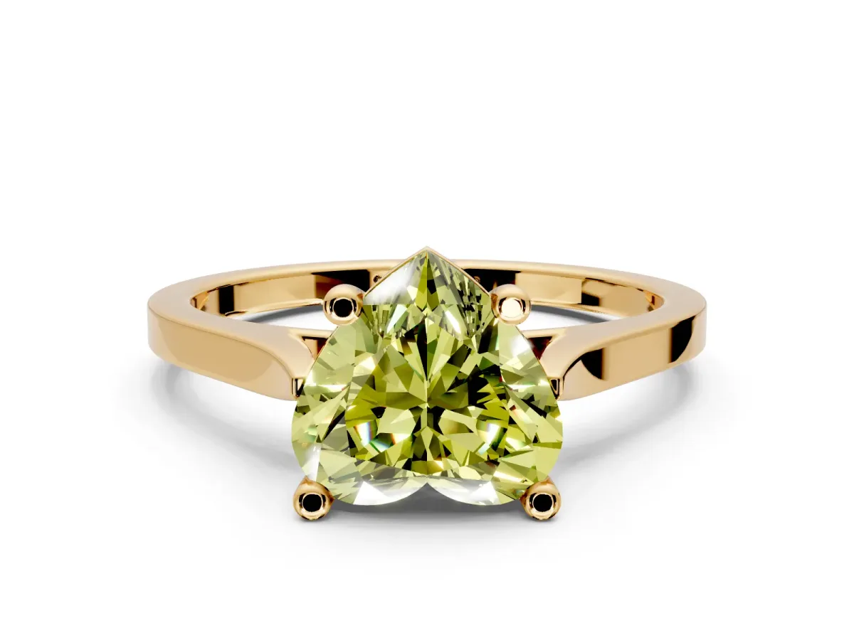 Solitaire Engagement Ring Setting for Fancy Yellow Heart-Shaped Center with Tapered Shoulders and Prong Head in Yellow Gold