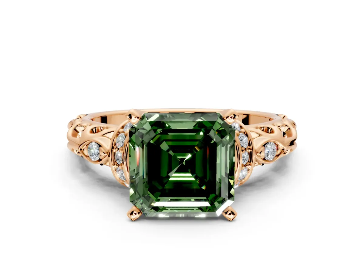 Solitaire Engagement Ring Setting for Fancy Green Asscher Cut Center with Filigree Band and Prong Head in Rose Gold