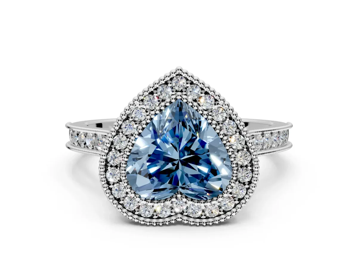 Halo Engagement Ring Setting for Fancy Blue Heart-Shaped Center with Milgrain Pave Band and Bezel Head in Platinum