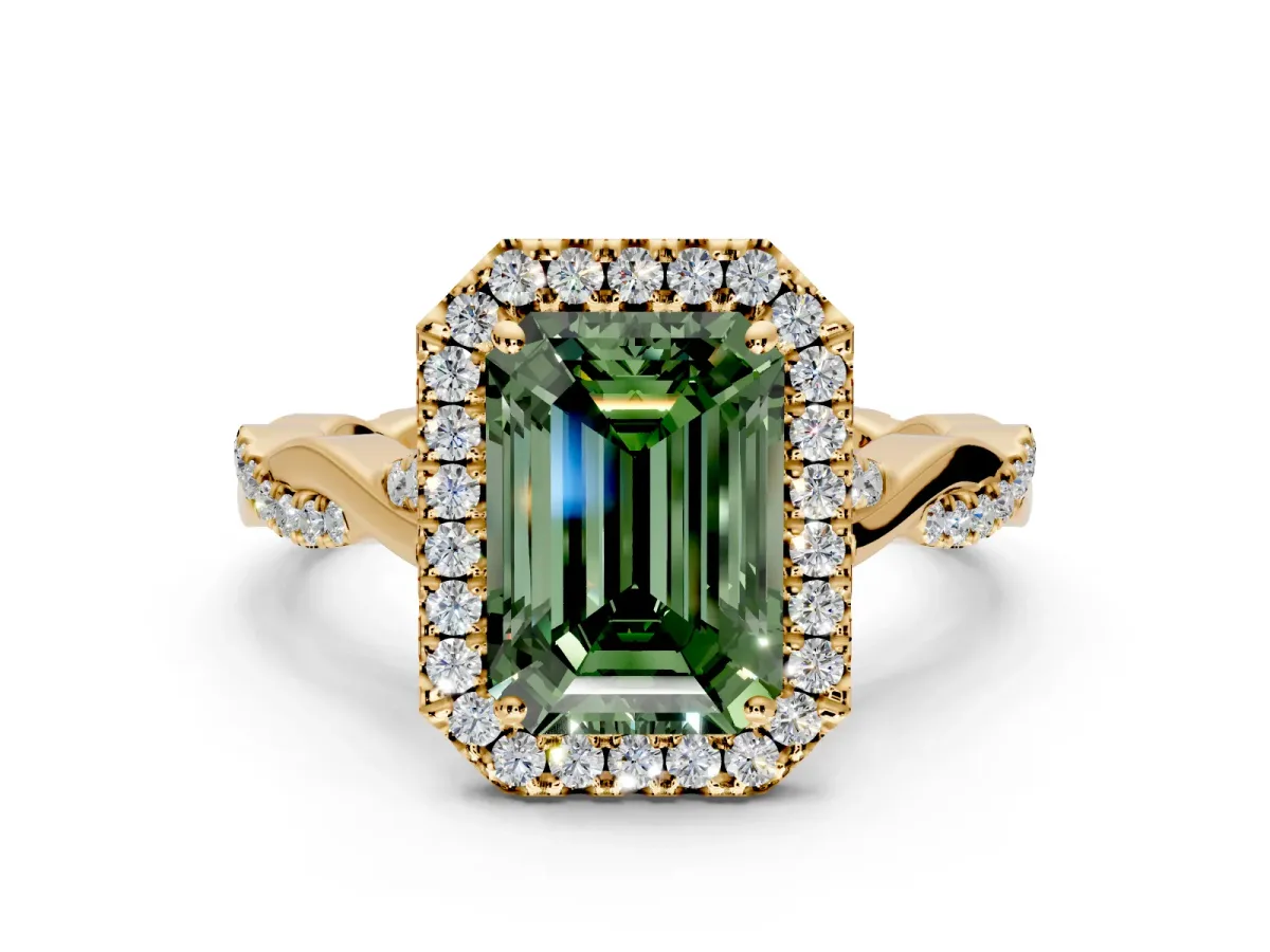 Halo Engagement Ring Setting for Fancy Green Emerald Cut Center with Twist Band and Prong Head in Yellow Gold