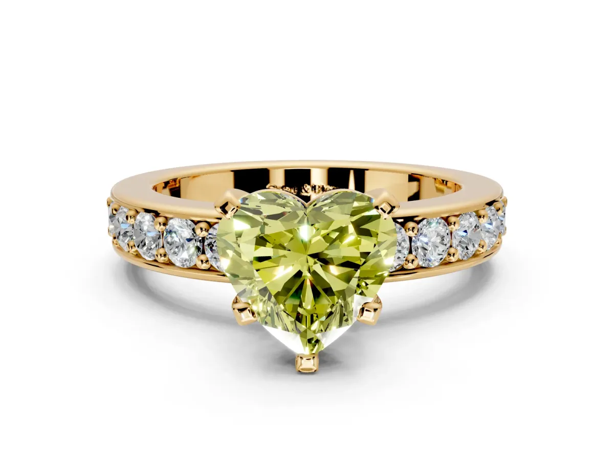 Solitaire Engagement Ring Setting for Fancy Yellow Heart-Shaped Center with Channel-Set Accents and Prong Head in Yellow Gold