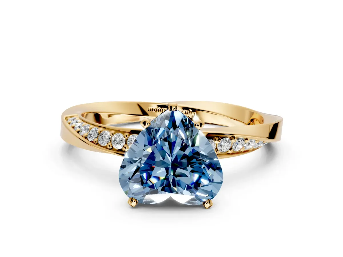 Side Accent Engagement Ring Setting for Fancy Blue Heart-Shaped Center with Accent Shoulders and Prong Head in Yellow Gold