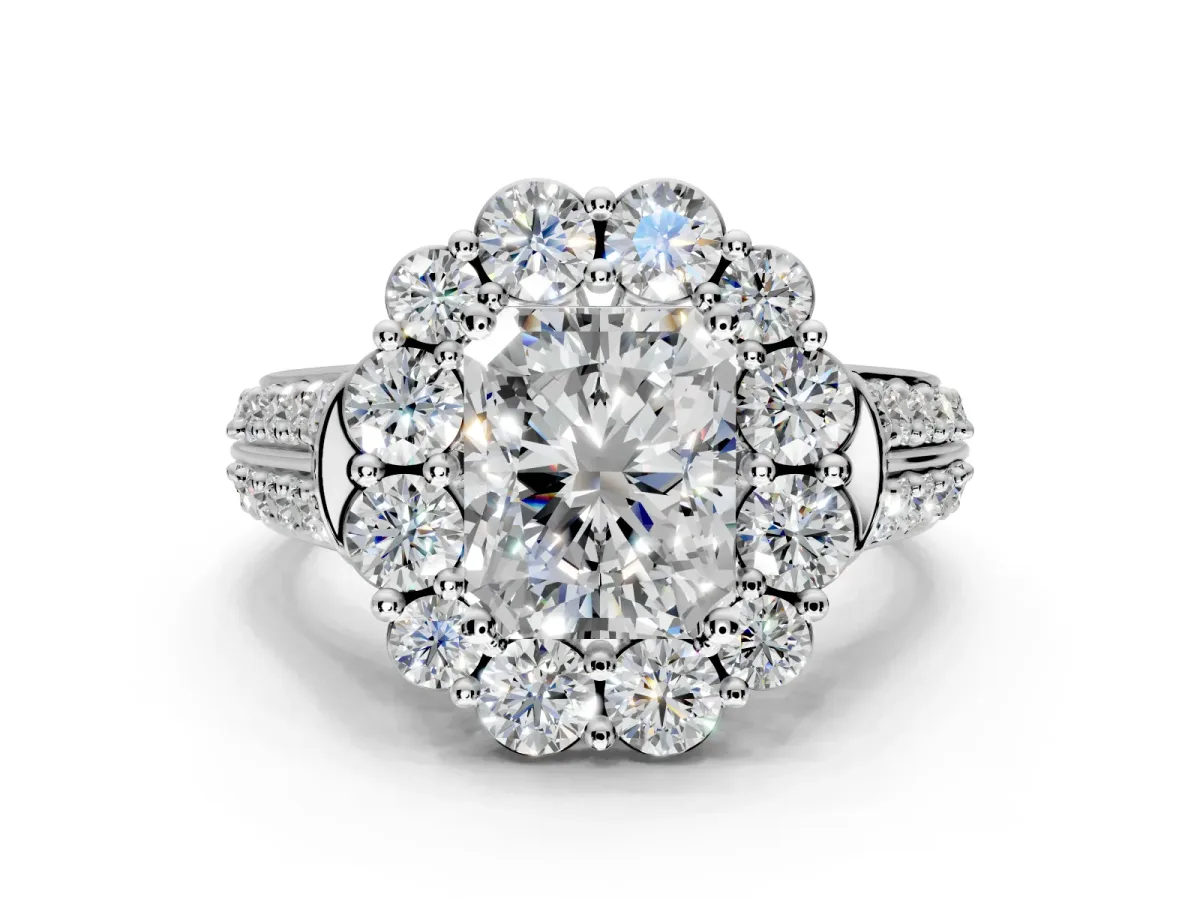 Large Accent Halo Engagement Ring Setting for Radiant Cut Center with Pave Split Shank and Prong Head in Sterling Silver