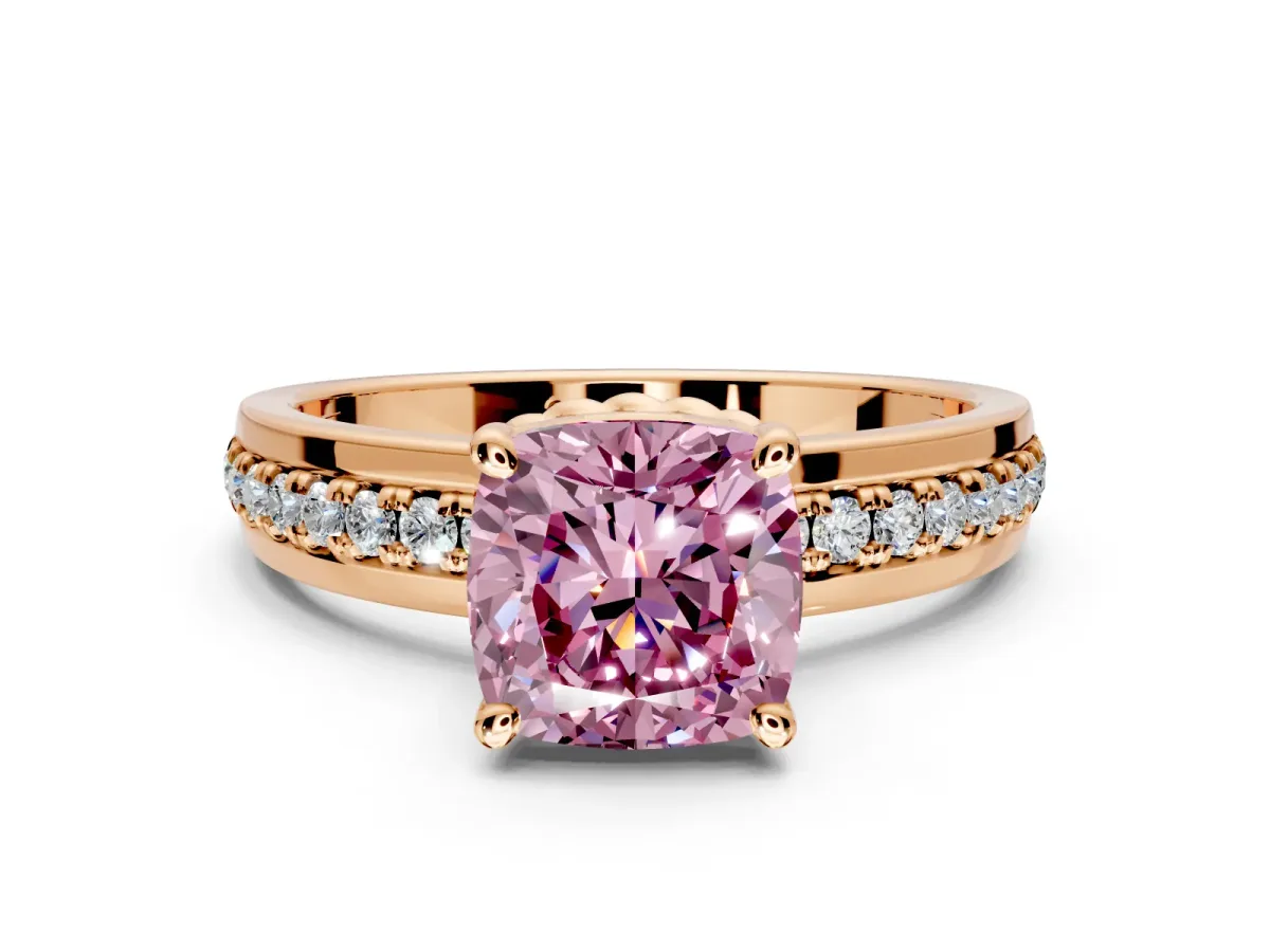 Solitaire Engagement Ring Setting for Fancy Pink Cushion Cut Center with Raised Channel Band and Prong Head in Rose Gold