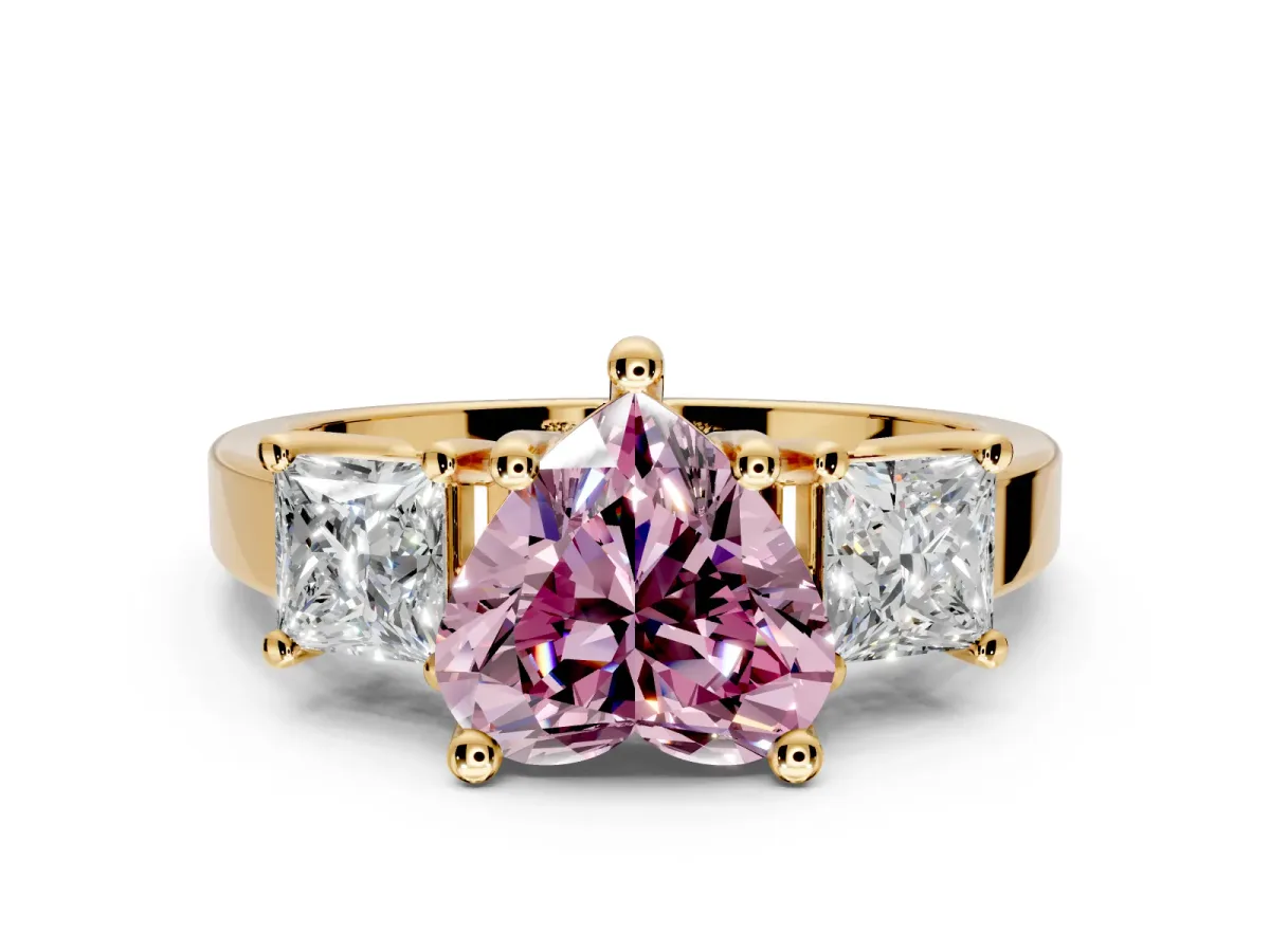 3 Stone Engagement Ring Setting for Fancy Pink Heart-Shaped Center with Matching Side Accents and Prong Head in Yellow Gold
