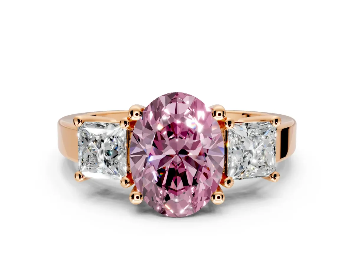 3 Stone Engagement Ring Setting for Fancy Pink Oval Center with Matching Side Accents and Prong Head in Rose Gold