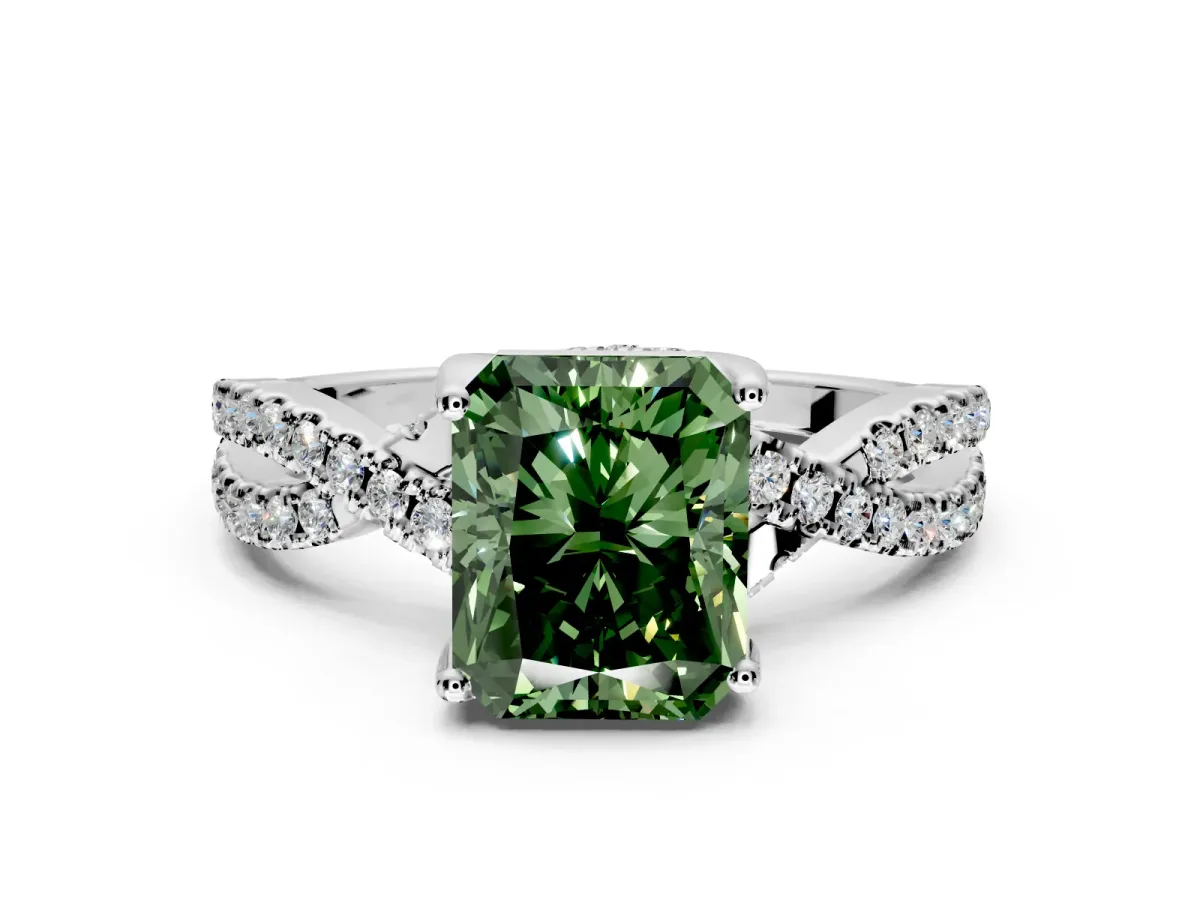 Solitaire Engagement Ring Setting for Fancy Green Radiant Cut Center with Narrow Twist Pave Band and Prong Head in White Gold
