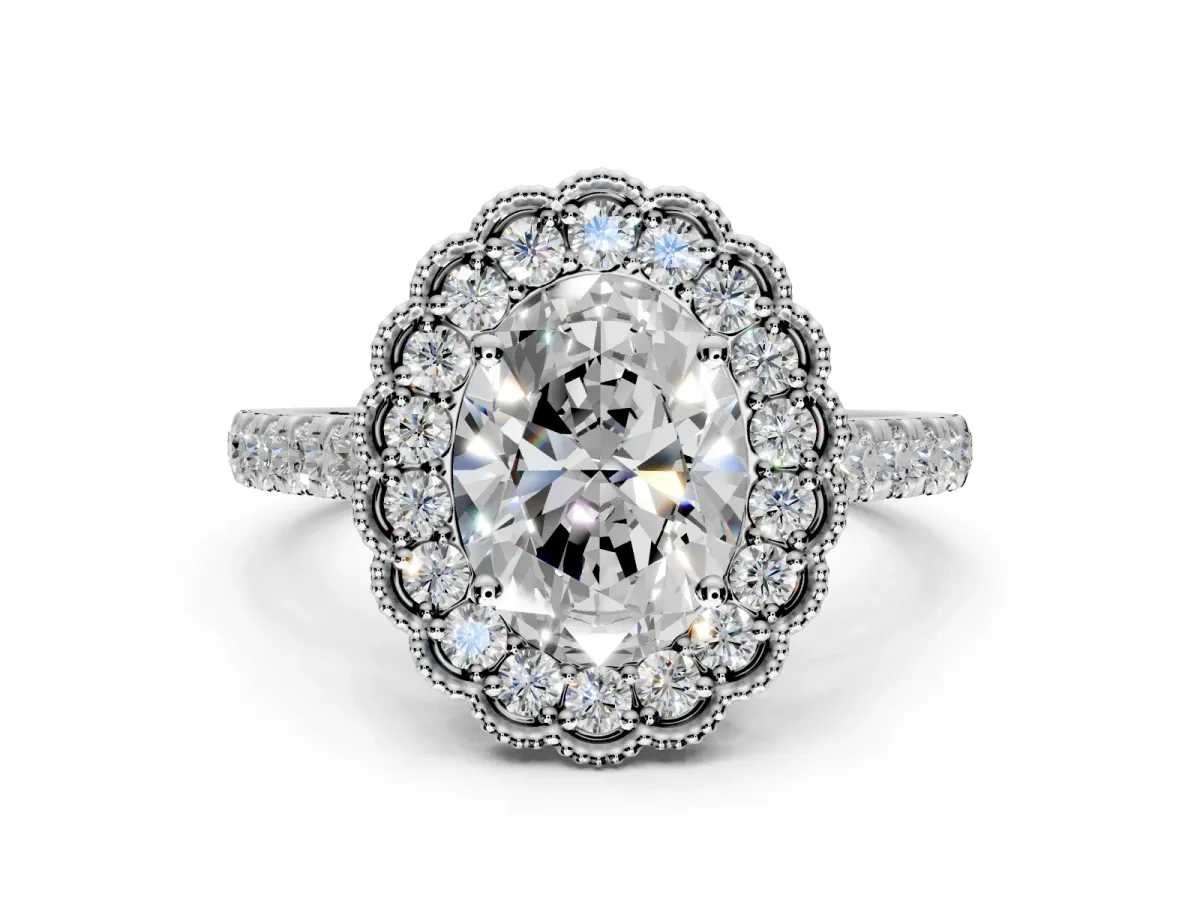 Milgrain Floral Halo Engagement Ring Setting for Oval Center with Pave Band and Prong Head in Platinum