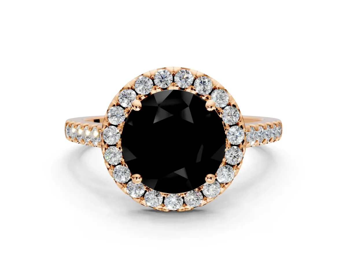 Halo Engagement Ring Setting for Fancy Black Round Cut Center with Narrowing Pave Band and Prong Head in Rose Gold