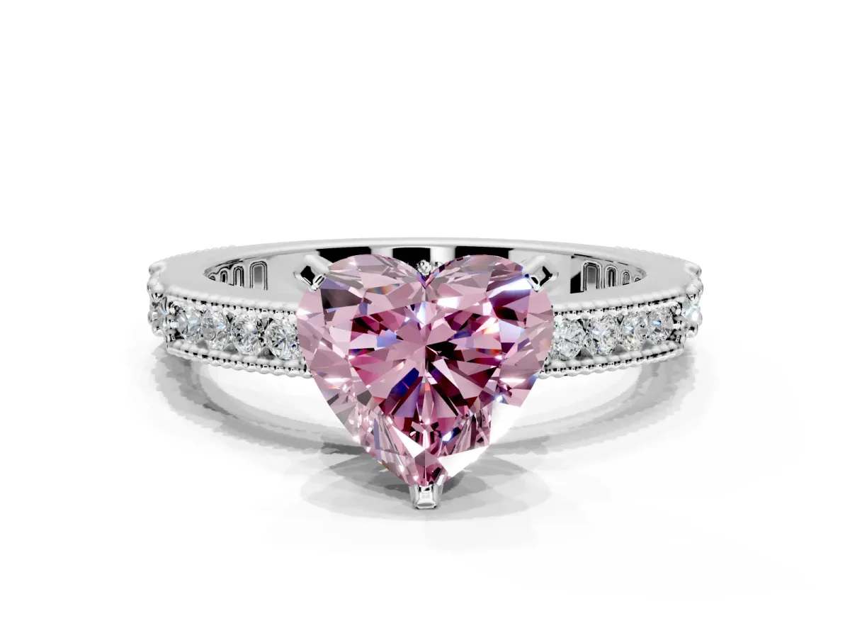 Solitaire Engagement Ring Setting for Fancy Pink Heart-Shaped Center with Milgrain-Edged Pave Band and Prong Head in Platinum