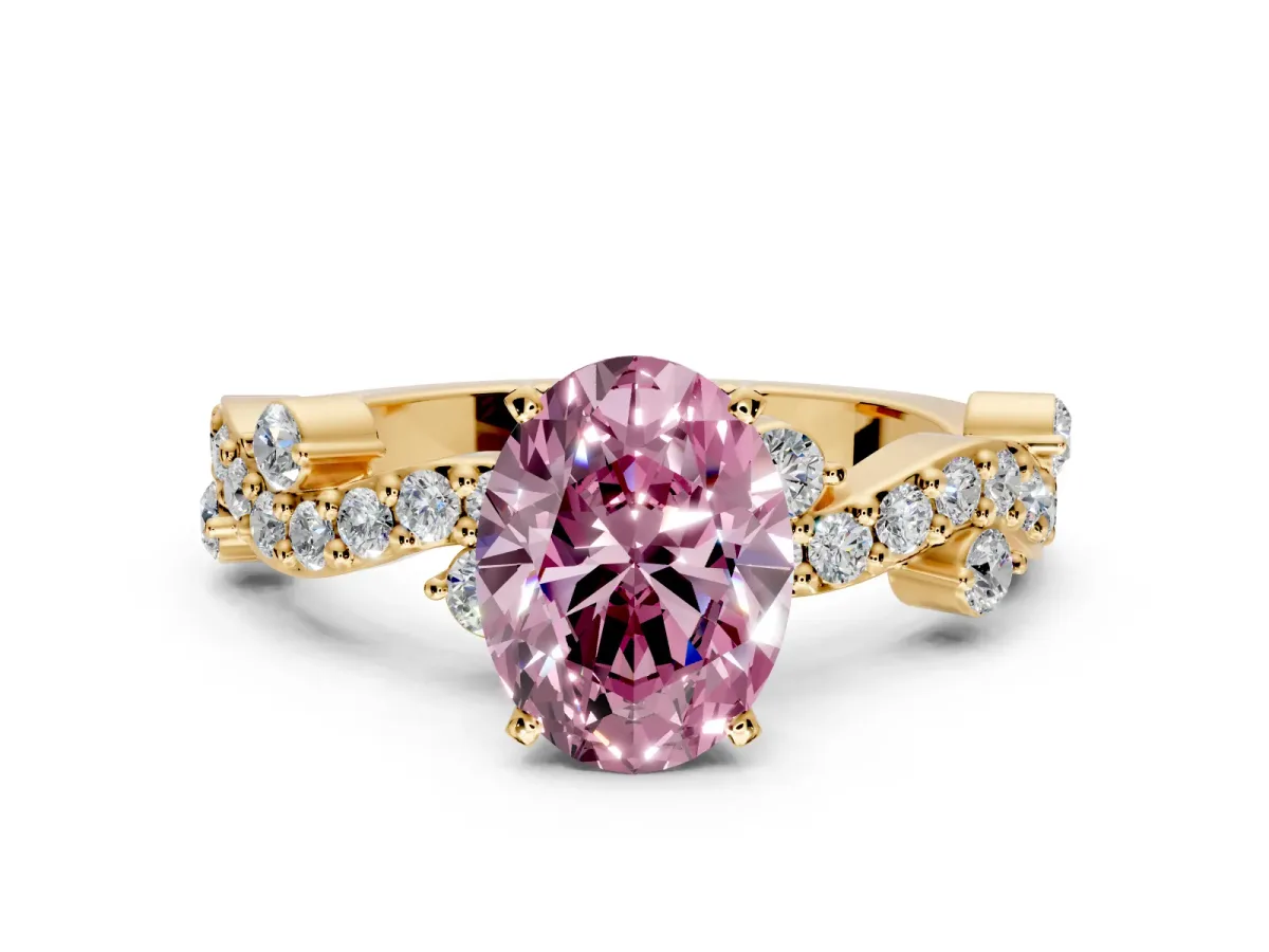 Solitaire Engagement Ring Setting for Fancy Pink Oval Center with Bar-Station Pave Twist and Prong Head in Yellow Gold