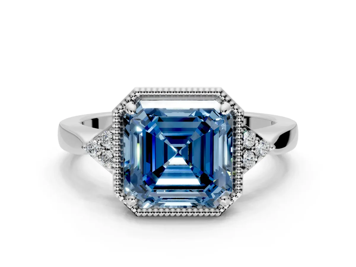 Cluster Engagement Ring Setting for Fancy Blue Asscher Cut Center with Milgrain Shoulder Clusters and Prong Head in Platinum