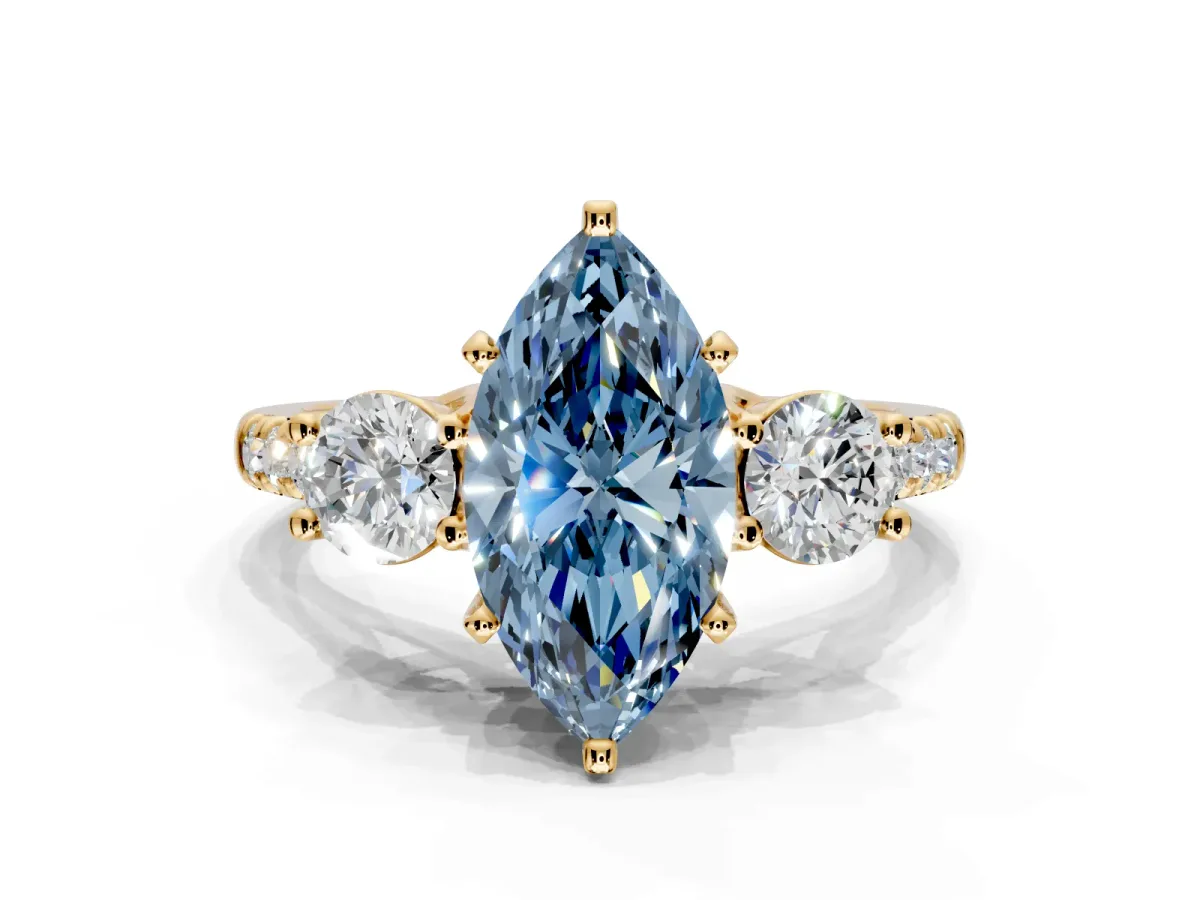 3 Stone Engagement Ring Setting for Fancy Blue Marquise Center with Crossover Basket, Pave Band and Prong Head in Yellow Gold