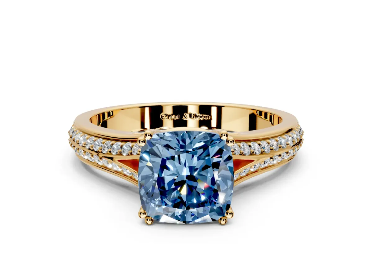 Solitaire Engagement Ring Setting for Fancy Blue Cushion Cut Center with Pave Rail Split Shank and Prong Head in Yellow Gold