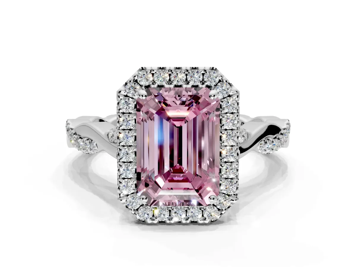 Halo Engagement Ring Setting for Fancy Pink Emerald Cut Center with Twist Band and Prong Head in Sterling Silver