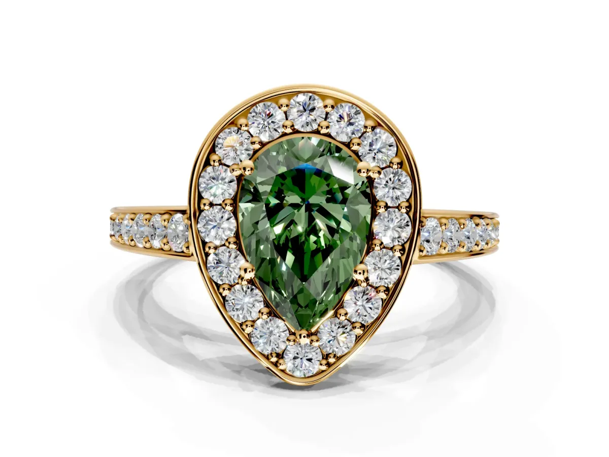 Bezel-Framed Halo Engagement Ring Setting for Fancy Green Pear-Shaped Center with Pave Band and Prong Head in Yellow Gold